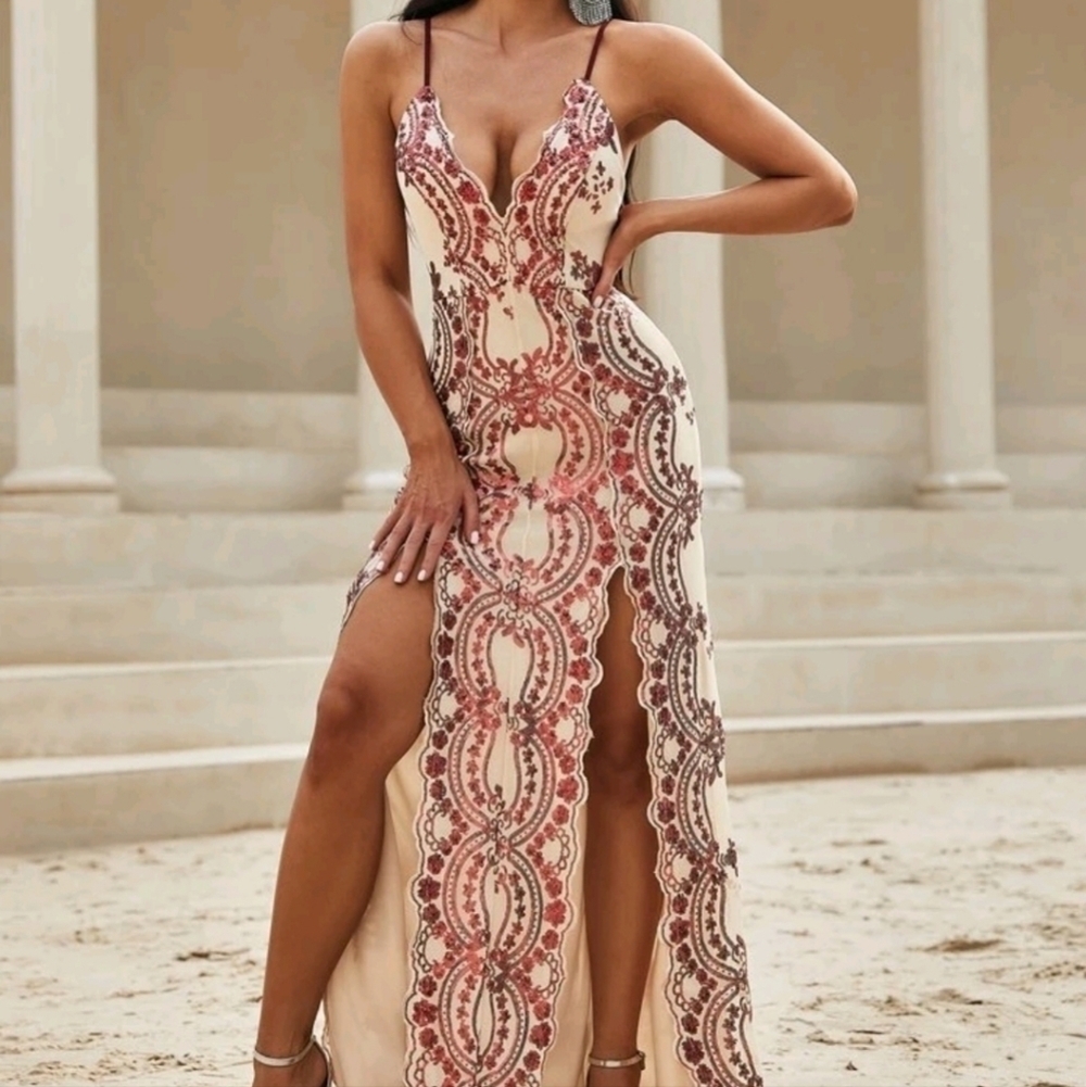 Multicolor Floral Backless Spaghetti Strap Sleeveless Maxi Gown